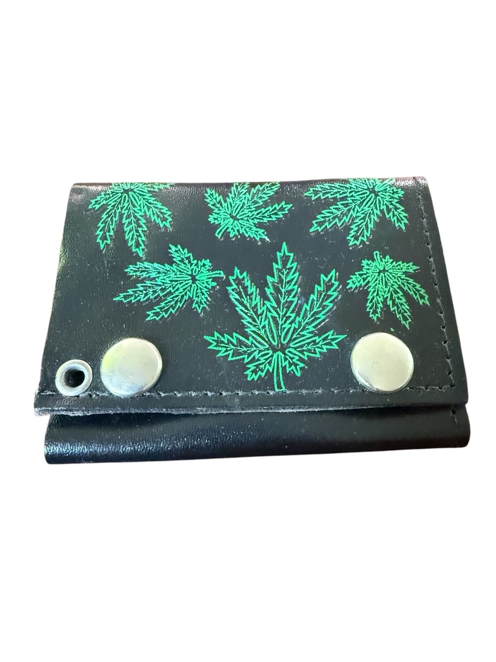 Vintage Marijuana Leaf Weed Ganja Leather Trifold Wallet Black Green Made in USA